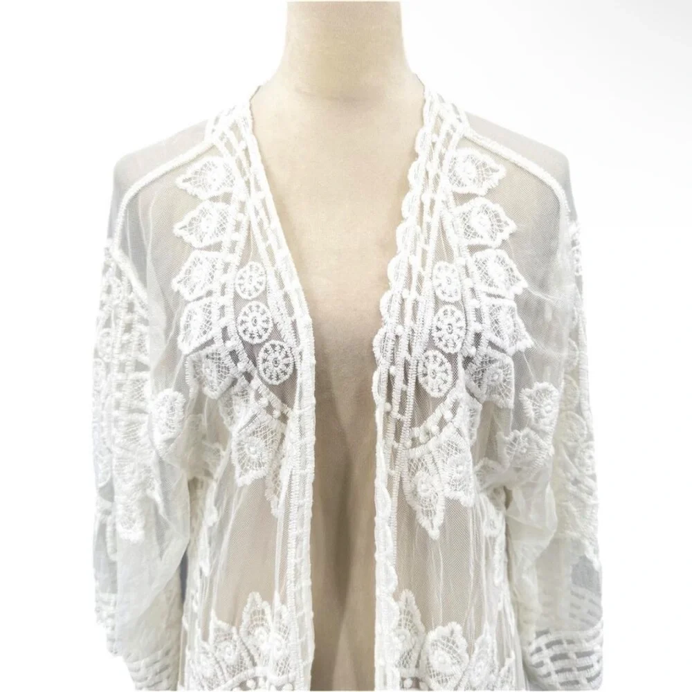 Rachel Zoe Lace Kimono Cover Up Duster White Sheer Bohemian
